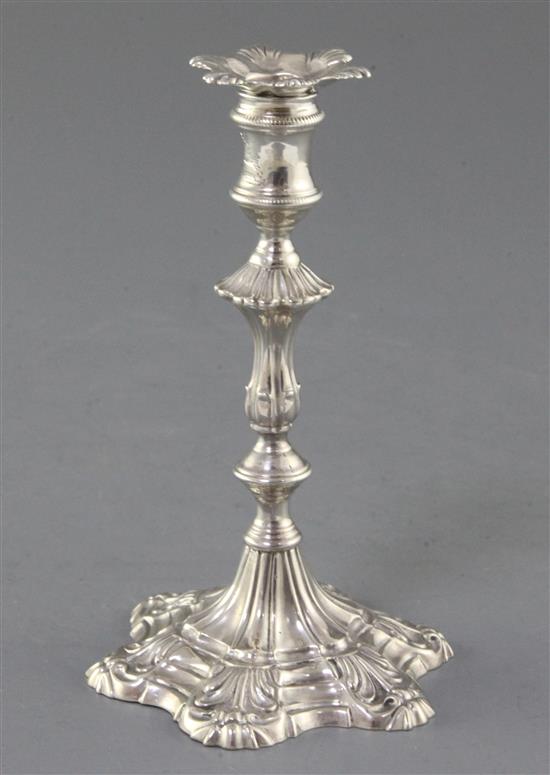 A George III cast silver taperstick by Ebenezer Coker, 5 oz.